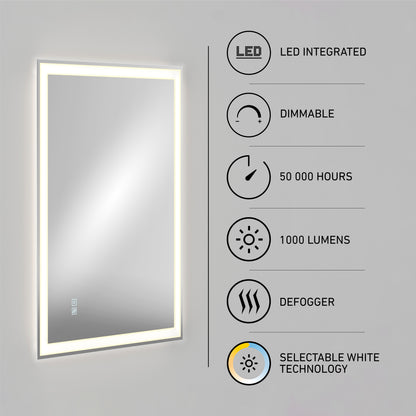 The Artika Sofia LED mirror 3 CCT with defogger is a rectangular bathroom mirror featuring an illuminated frame, integrated dimmable LED (1,000 lumens), selectable white technology, defogger, and 50,000-hour lifespan.