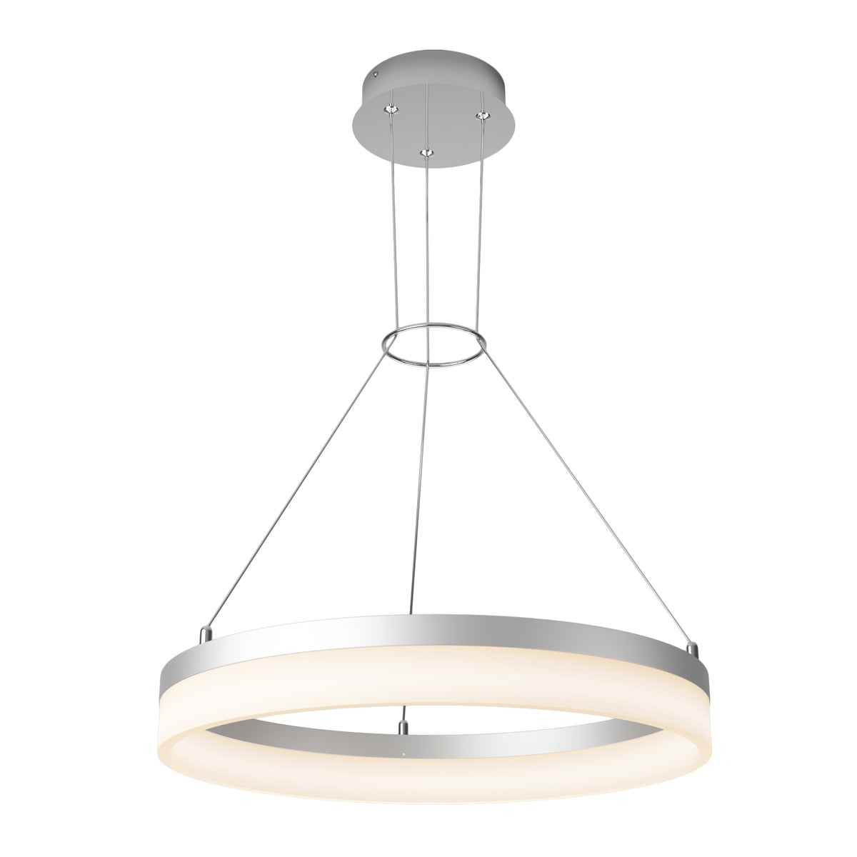 A modern circular pendant ceiling light with a silver frame and frosted white diffuser, suspended by three thin cables from a round ceiling mount.