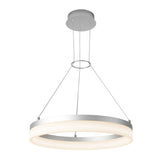 A modern circular pendant ceiling light with a silver frame and frosted white diffuser, suspended by three thin cables from a round ceiling mount.