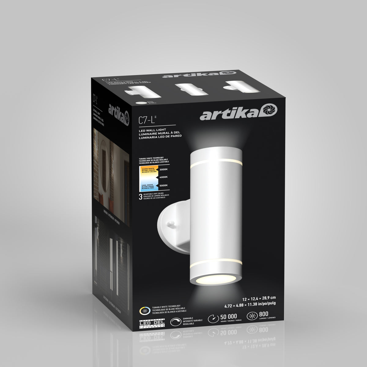 A black and white Artika C7-LI LED wall light box, featuring an image of the cylindrical wall light on the front and sides, with product features and specifications visible.