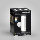 A black and white Artika C7-LI LED wall light box, featuring an image of the cylindrical wall light on the front and sides, with product features and specifications visible.