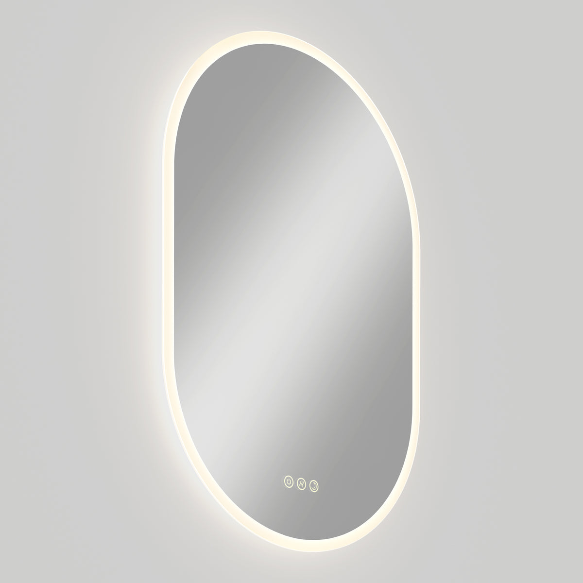 Artika Clara LED Mirror Oval 30x20 in. with defogger and 3 touch buttons, mounted on a light gray wall.