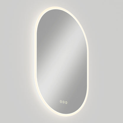 Artika Clara LED Mirror Oval 30x20 in. with defogger and 3 touch buttons, mounted on a light gray wall.