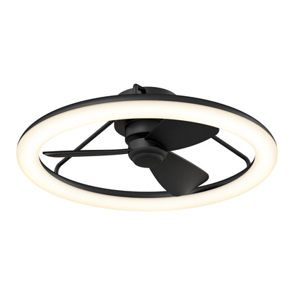 The Artika Darren 23 in. LED modern ceiling fan features two blades and a circular LED light ring, and includes a remote control.