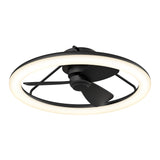 A modern black ceiling fan with two blades, surrounded by a circular LED light ring, viewed from an angle against a white background.