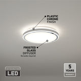 Round ceiling light with a plastic chrome finish and frosted glass diffuser, emitting bright light. Labels highlight features: Plastic Chrome Finish, Frosted Glass Diffuser—No bulbs required, Integrated LED, and 5 Years Warranty.