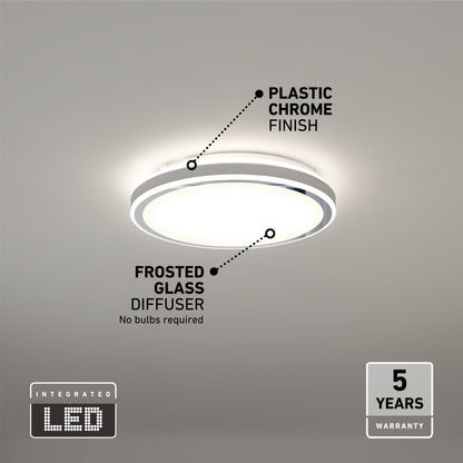 The Artika Altitude 15 in. LED modern flush mount light features adjustable color temperature, a frosted glass diffuser, and a plastic chrome finish. Includes icons for integrated LED technology, part labels, and a 5-year warranty.
