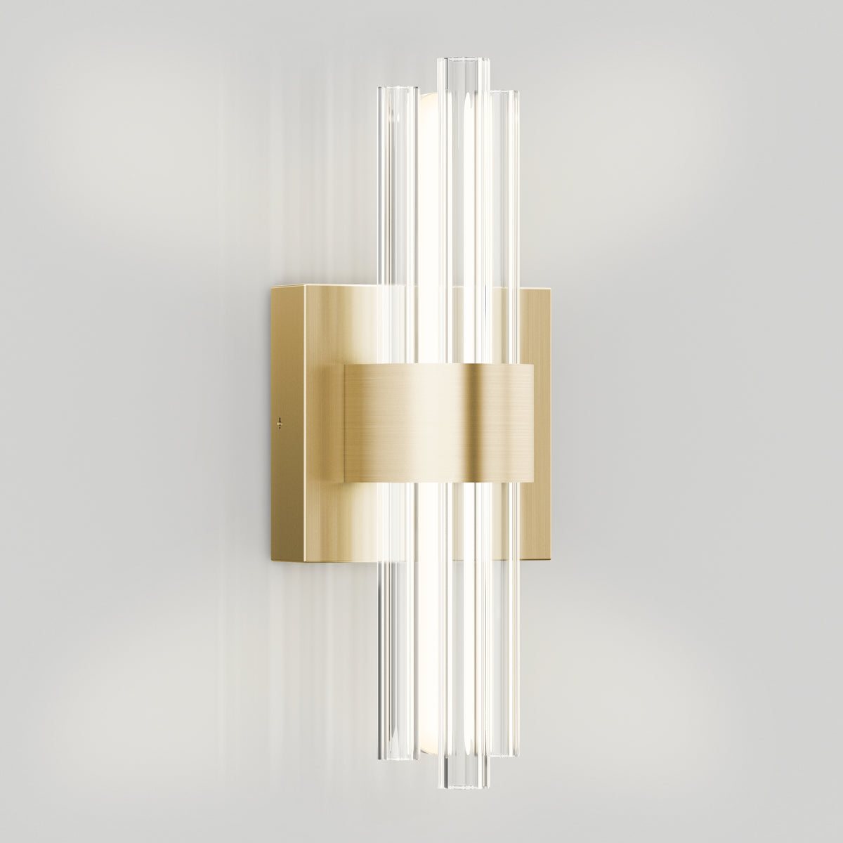 The Artika Dorado contemporary LED wall sconce 3 CCT features a brushed gold rectangular base and four vertical glass rods, emitting adjustable light for a modern, luxurious look on any plain white wall.