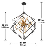 Geometric pendant light with black metal wireframe and gold central fixture, featuring exposed bulbs. Dimensions: 72 cm high, 66 cm wide, and 183 cm total hanging length. Metric and imperial units shown.