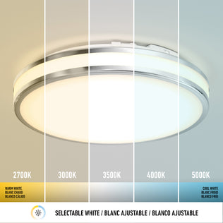 Artika’s Hemisphere 15 in. LED ceiling light features 5 selectable white temps and adjustable brightness with labeled controls.
