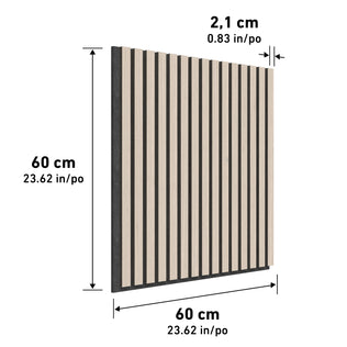 The Artika Sonolok 15.5 ft sound-absorbing wall panel kit (4-pack) features square panels with vertical wood slats in a striped pattern, each measuring 60 cm x 60 cm and 2.1 cm thick.