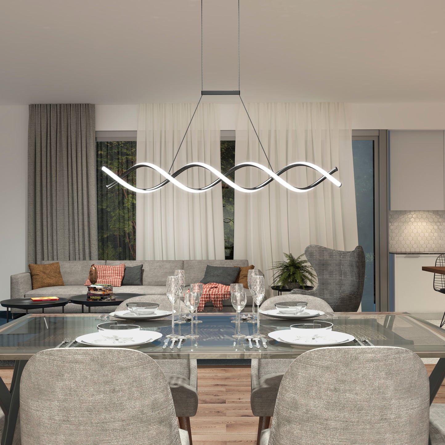 Modern dining and living area featuring a sophisticated glass dining table for four, a gray sofa with cushions, large window with white and gray curtains, contemporary decor, and the Artika DNA Linear LED modern pendant light.