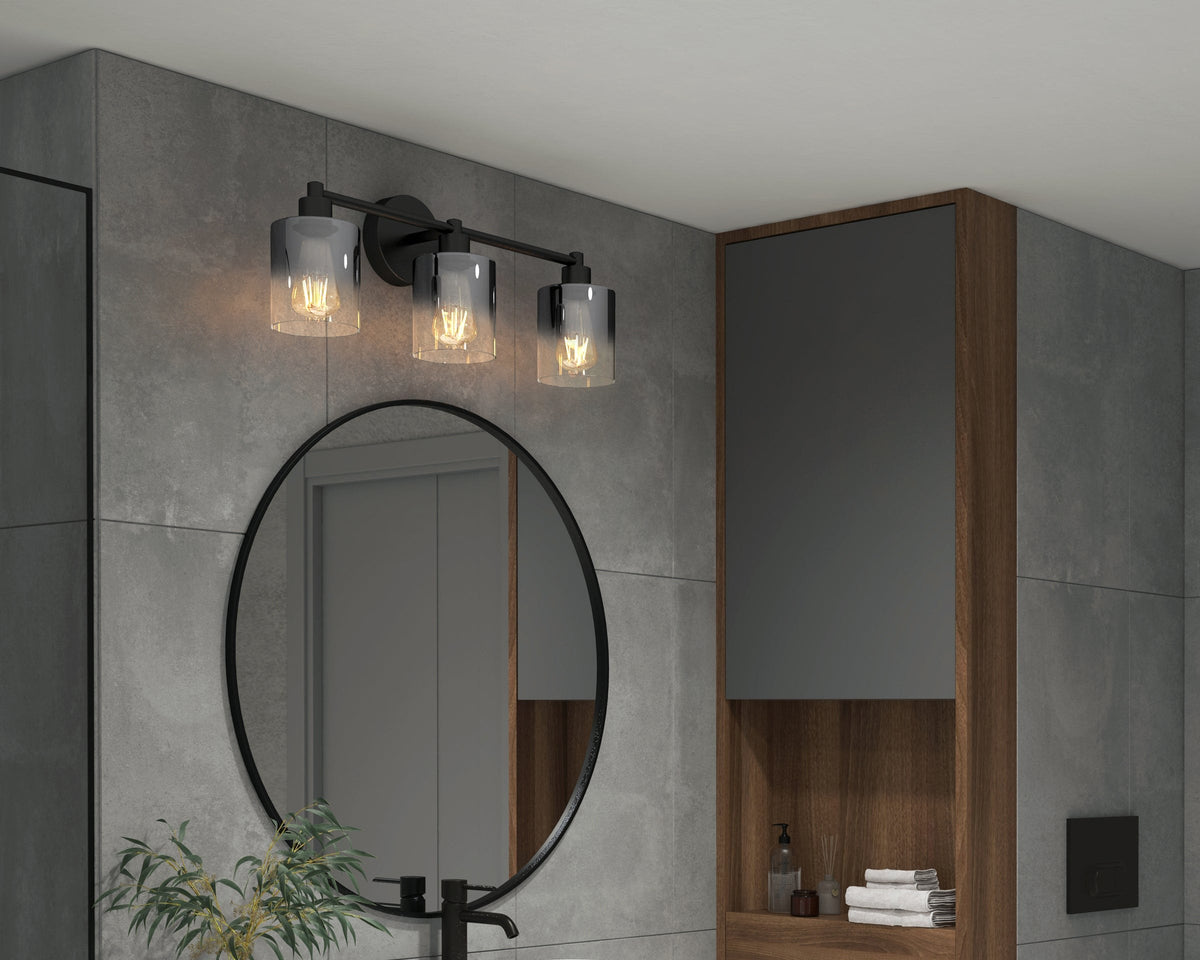 Artika Haze smoked-glass 3-light vanity light over a round black mirror