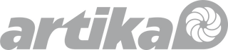 Gray artika logo in bold lowercase letters, with a circular design featuring a stylized swirl pattern forming the dot above the letter a at the end.