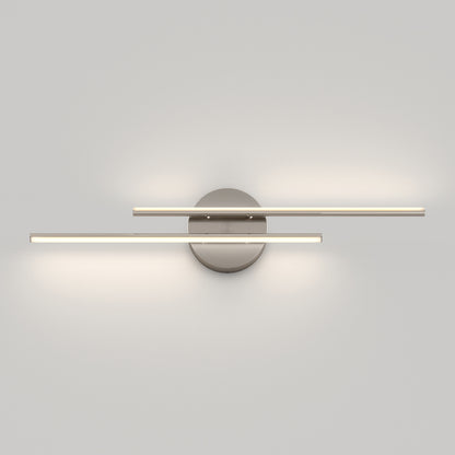 The Artika Cisco modern LED bathroom vanity light 5 CCT features two horizontal LED bars on a round metallic base, providing soft, adjustable color-balanced lighting for the perfect ambiance in your bathroom.
