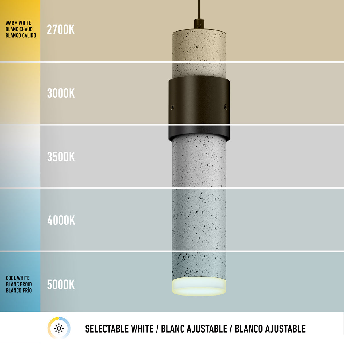 The Artika Barden 1-light LED pendant displays 5 selectable color temperatures from warm (2700K) to cool white (5000K). Labeled sections are shown on the left with a bottom banner: Selectable White / Blanc Ajustable / Blanco Ajustable.