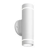 A modern white cylindrical wall sconce light fixture with circular openings at the top and bottom, mounted on a round wall plate.