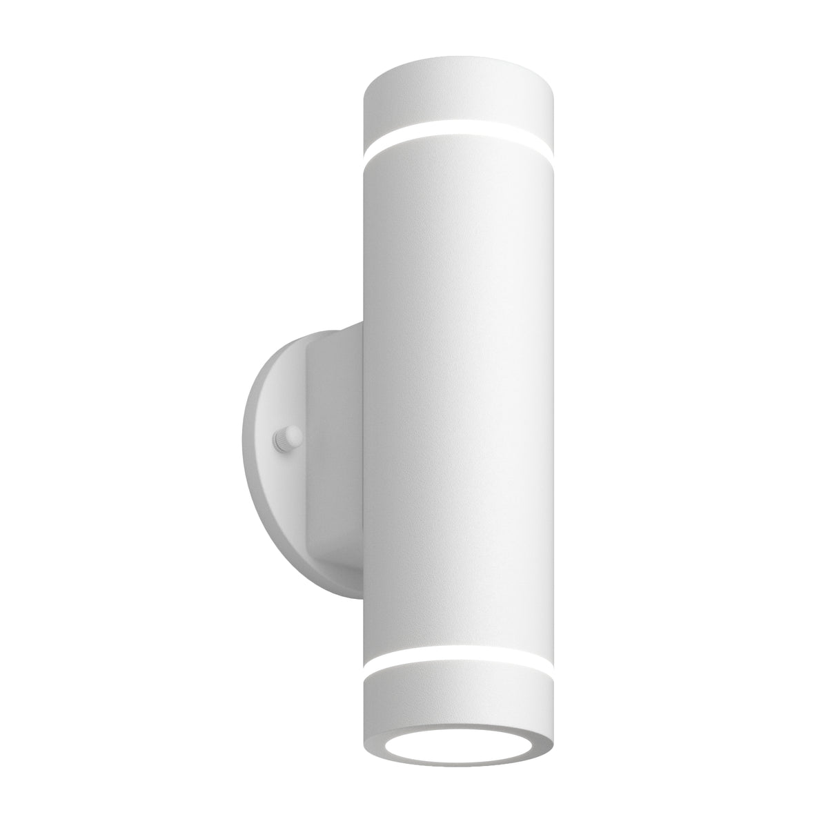 The Artika C7 indoor-outdoor LED wall light 3 CCT is a modern cylindrical white sconce with a round base and two illuminated bands, designed for vertical wall mounting.