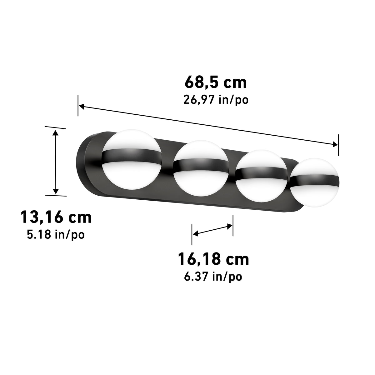 A black wall-mounted light fixture with four spherical lamps. The fixture measures 68.5 cm (26.97 in) wide, 13.16 cm (5.18 in) high, and 16.18 cm (6.37 in) deep. Measurements are labeled in the image.