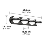 A black wall-mounted light fixture with four spherical lamps. The fixture measures 68.5 cm (26.97 in) wide, 13.16 cm (5.18 in) high, and 16.18 cm (6.37 in) deep. Measurements are labeled in the image.