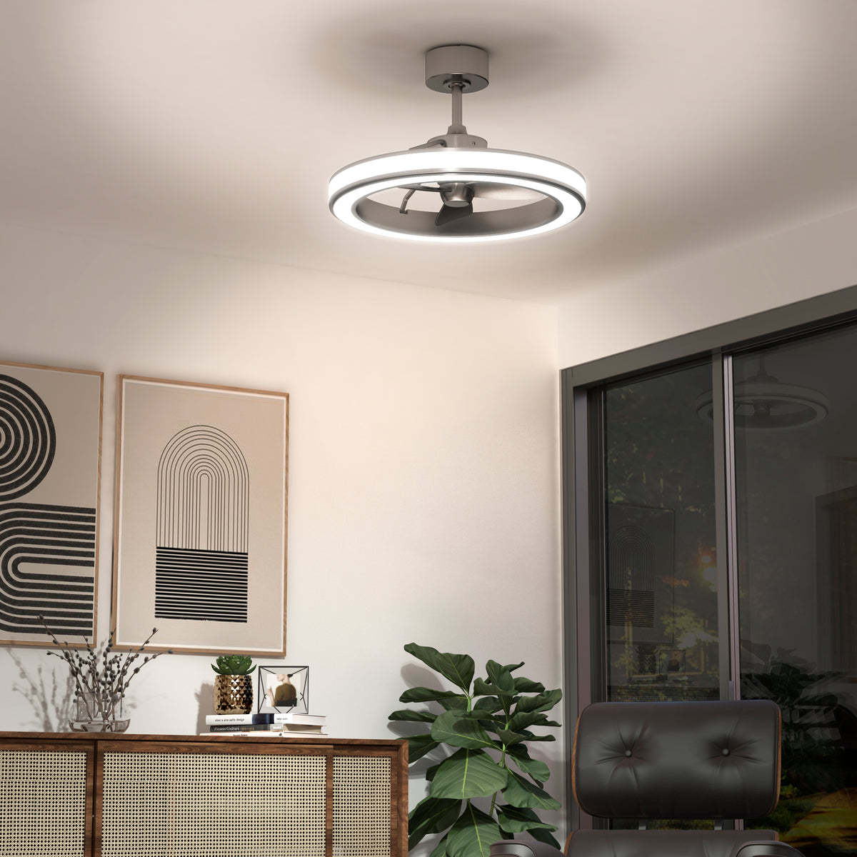 The Artika Edwin 25 in. LED ceiling fan with remote adds modern style and brightens a living room filled with plants and art.