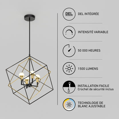 Peyton LED modern mid-century pendant light with a geometric design, four dimmable 1500-lumen bulbs, and a 50,000-hour lifespan.