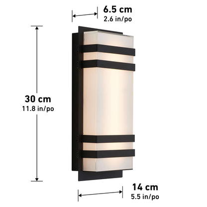 Artika Glow Box 3 LED Wall Sconce, 30 cm by 14 cm by 6.5 cm, with a rectangular frosted glass lens and black horizontal bands.
