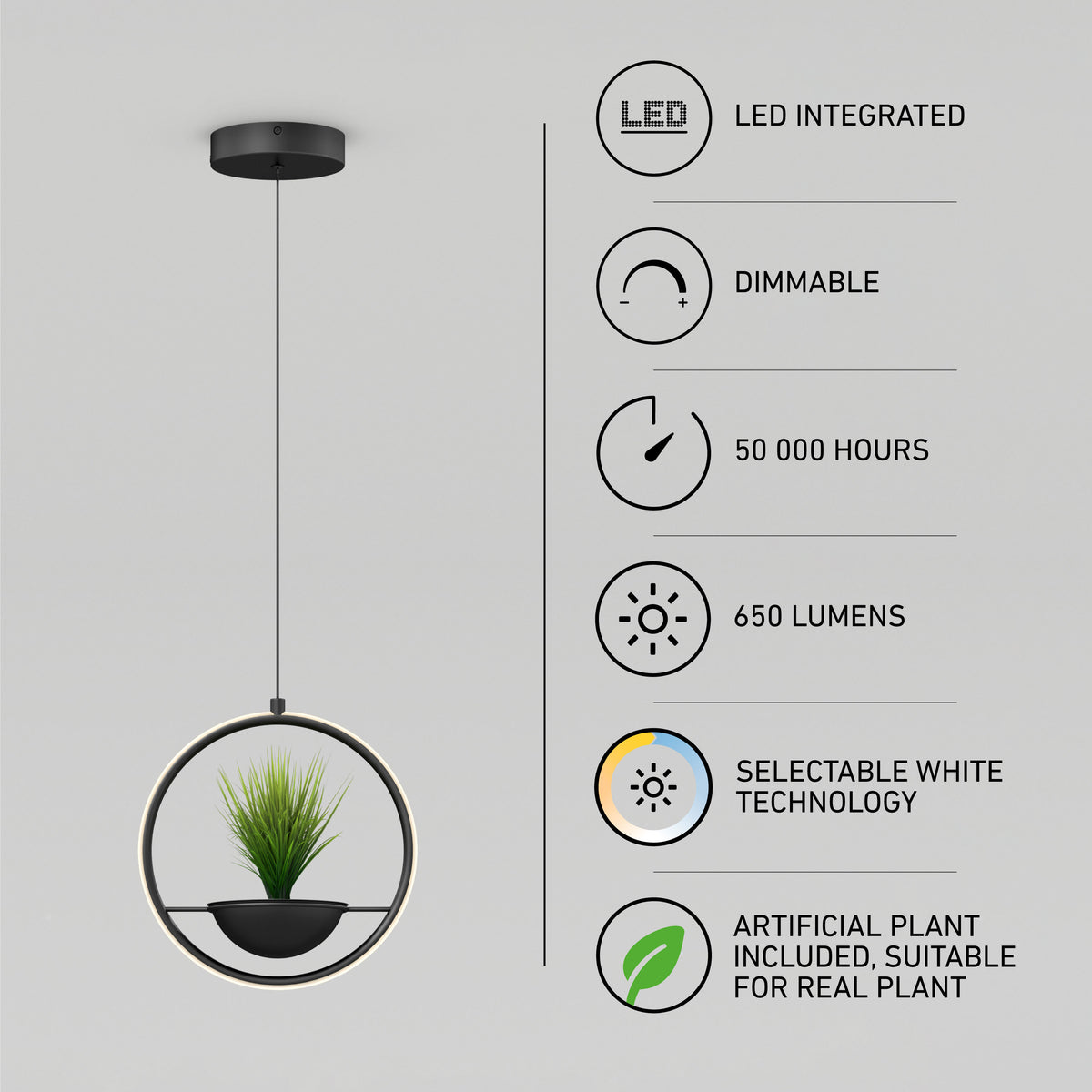 Modern circular pendant light with a built-in planter containing an artificial plant. Text and icons highlight features: LED integrated, dimmable, 50,000 hours, 650 lumens, selectable white, and plant included.