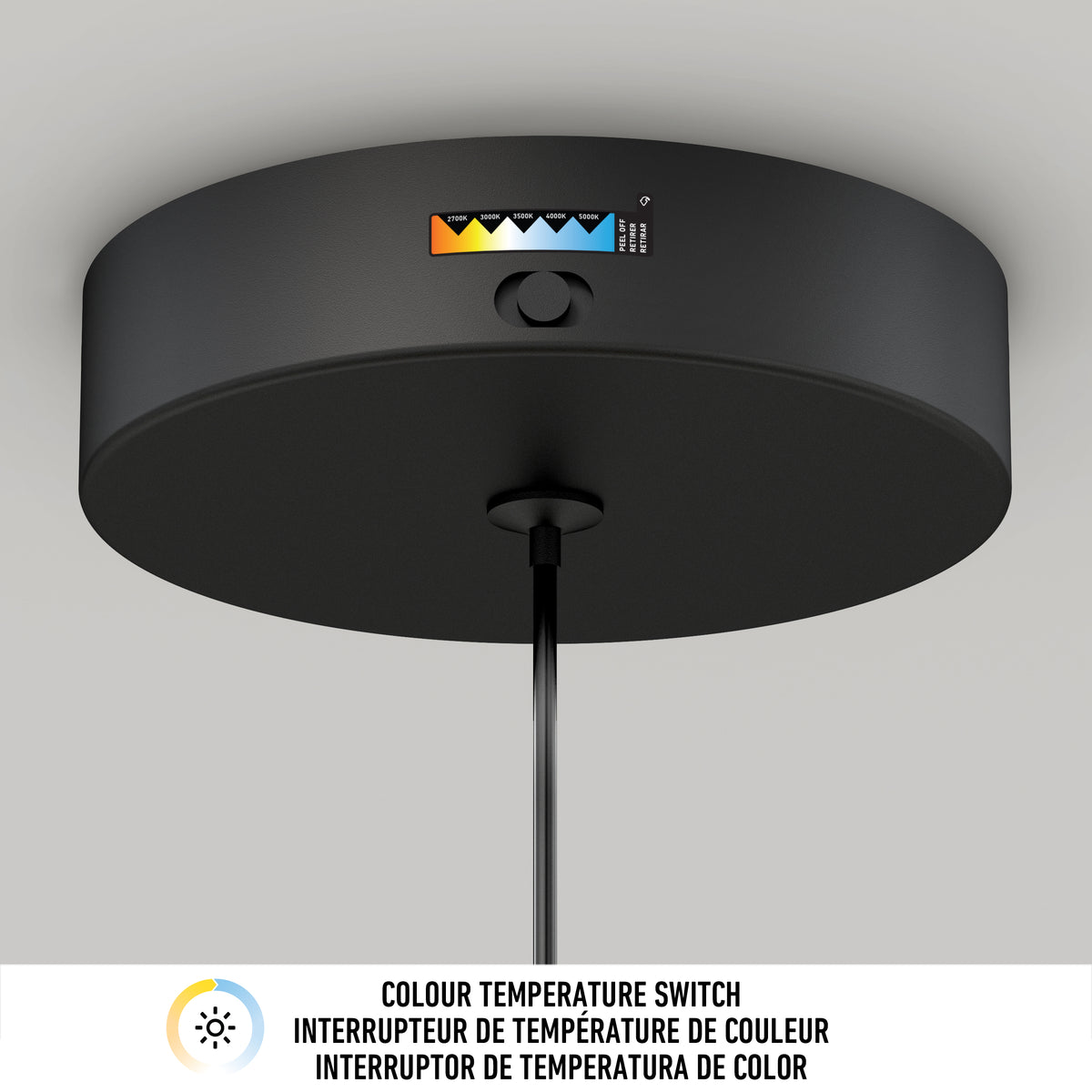 A close-up view of a black ceiling-mounted fixture with a color temperature switch and a labeled indicator showing various color temperatures. A cord hangs from the fixture. Text below describes the color temperature switch in English and French.