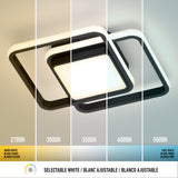 Modern square ceiling light shown with five different white color temperatures: 2700K (warm white), 3000K, 3500K, 4000K, and 5000K (cool white). Each section displays a gradual color shift.