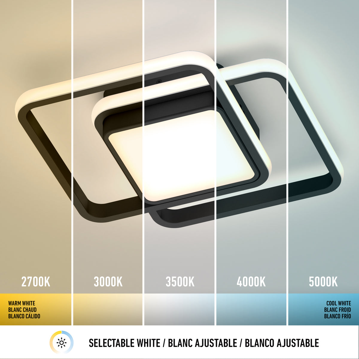 The Artika Romeson 11 in. LED modern flush mount light is shown in five white color temperatures: 2700K (warm), 3000K, 3500K, 4000K, and 5000K (cool). Each displays a unique shade of white.