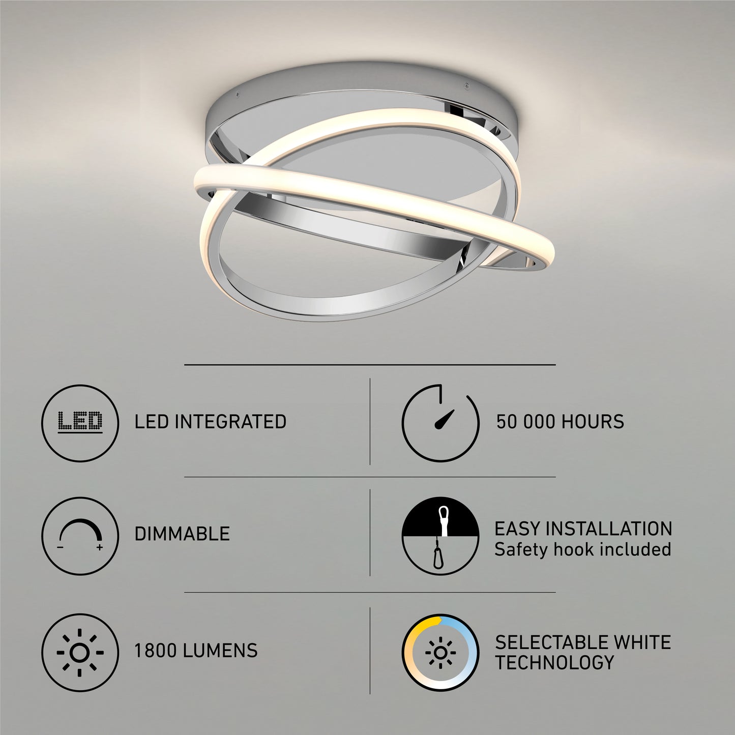 The Artika Orbia modern LED flush mount light 3 CCT features a circular design, integrated LEDs (50,000-hour lifespan), 1800 lumens brightness, easy installation, dimmability, and selectable white color temperature technology.