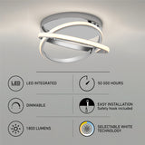 Modern LED ceiling light with intertwined rings, featuring icons and text highlighting its features: LED integrated, dimmable, 1800 lumens, 50,000 hours lifespan, easy installation, and selectable white technology.