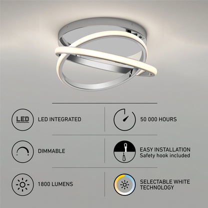 The Artika Orbia modern LED flush mount light 3 CCT features a circular design, integrated LEDs (50,000-hour lifespan), 1800 lumens brightness, easy installation, dimmability, and selectable white color temperature technology.