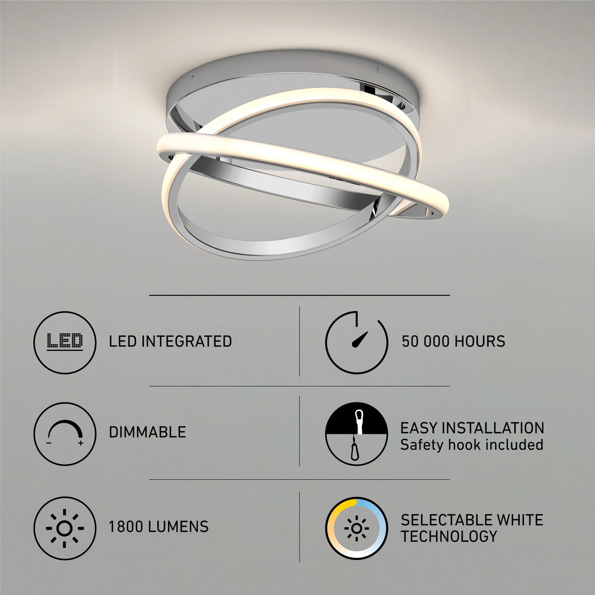 The Artika Orbia modern LED flush mount light 3 CCT features an integrated LED with 50,000-hour lifespan, dimmable options, easy installation, 1800 lumens brightness, and selectable white technology.
