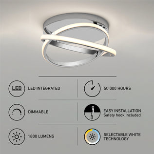 The Artika Orbia modern LED flush mount light 3 CCT features an integrated LED with 50,000-hour lifespan, dimmable options, easy installation, 1800 lumens brightness, and selectable white technology.
