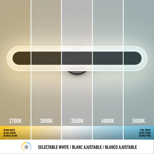 Overhead view of the Artika Pista modern LED bathroom vanity light 5 CCT in matte black, featuring five selectable color temperatures. Dimmable; ideal for wall mounting or use as a bathroom vanity light.