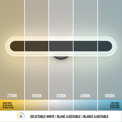 The Artika Pista modern LED bathroom vanity light offers 5 selectable white light temperatures (2700K, 3000K, 3500K, 4000K, 5000K), clearly labeled with color gradients below.