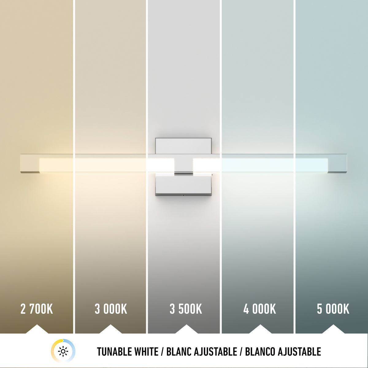 A modern wall light bar shines in five vertical sections, each displaying a different white color temperature ranging from warm 2700K to cool 5000K, with labels beneath each section showing the Kelvin values.