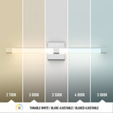 A modern wall light bar shines in five vertical sections, each displaying a different white color temperature ranging from warm 2700K to cool 5000K, with labels beneath each section showing the Kelvin values.