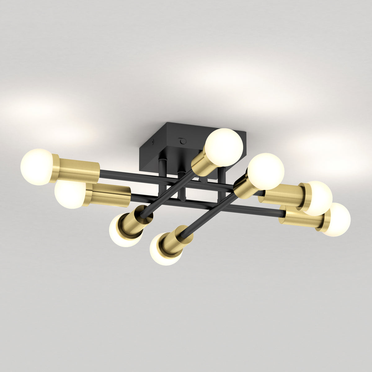 The Artika Aristo LED flush mount features six bulbs, black and gold rods, and 3 CCT adjustable color temperatures.