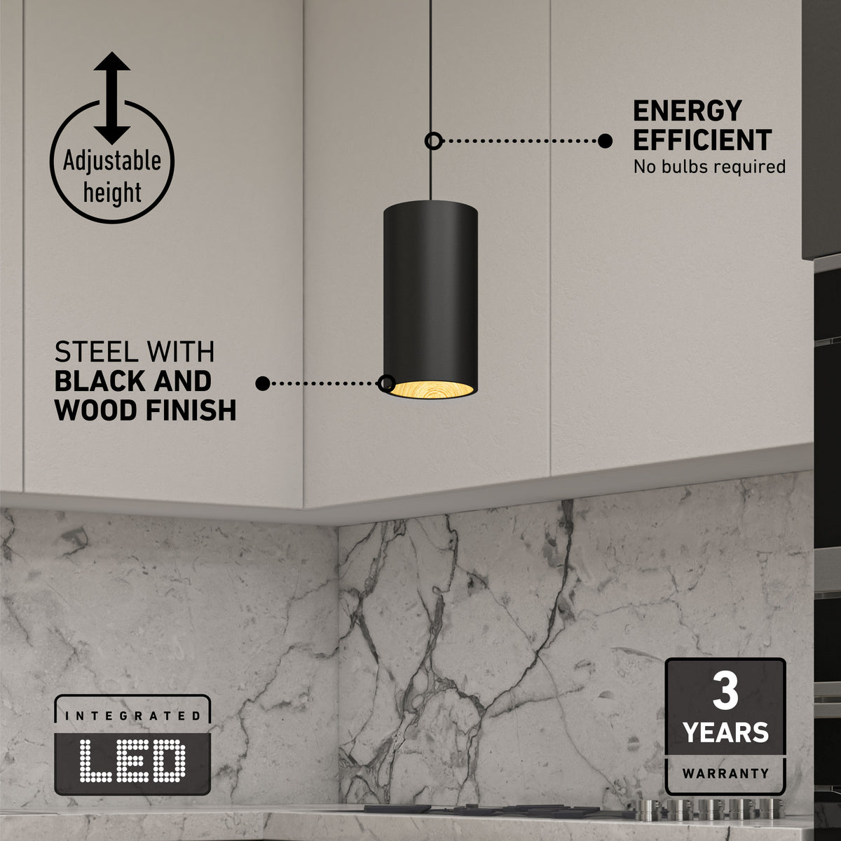 The Artika Alton mini LED pendant light 5 CCT features a black and wood design, steel build, adjustable height, energy efficiency, integrated LEDs (no bulbs needed), and a 3-year warranty—perfect for modern marble kitchens.