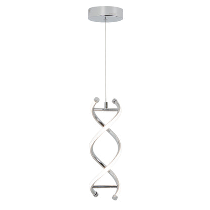 The Artika DNA LED pendant light features two intertwined spiral LED strips with a chrome finish, hanging vertically from a round ceiling mount for a modern look.