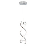 A modern pendant light fixture with a chrome base and a twisting, spiral LED light design, suspended from a thin cord.