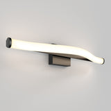 A modern wall-mounted light fixture with a curved, elongated white LED panel and a central rectangular metallic base, attached to a plain light-colored wall.