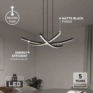 Orly modern LED pendant light 5 CCT with a matte black finish, adjustable height, energy efficiency, and a 5-year warranty.