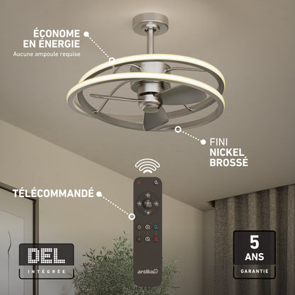 A brushed nickel Artika Coda 23 in. fandelier with an integrated LED ring, remote, and labels highlighting energy efficiency and warranty.