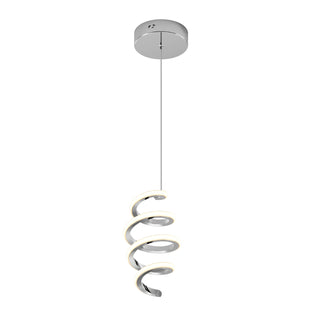 The Artika Chorus 1-light LED pendant features a chrome fixture and a spiral design, suspended by a slim cord. Soft light glows along the curve, and the 5 CCT option allows customizable lighting.