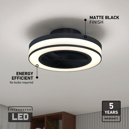 Artika Elton 19 in. LED modern fandelier ceiling fan with light, remote, matte black finish—energy efficient, silent, 5-year warranty.