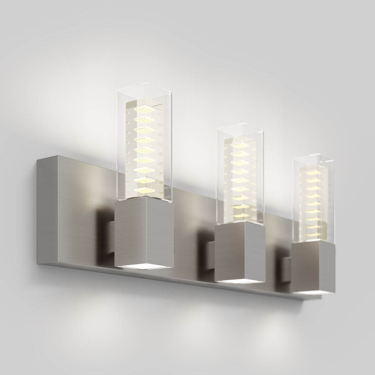 The Artika Hologram LED modern bathroom vanity light 5 CCT features dimmable, glass-covered lights on a sleek brushed metal base.